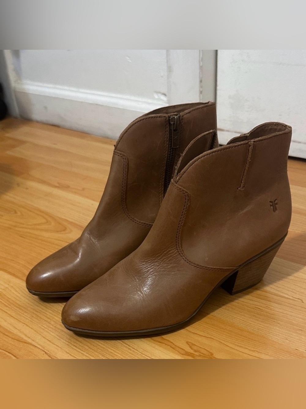 Frye Brown Leather Ankle Booties with Stacked Heel